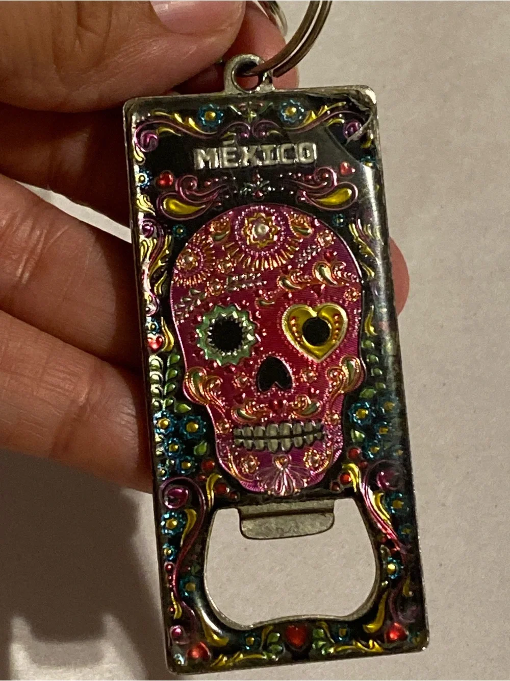 Mexico Sugar Skull Bottle Opener Keychain - Pink & Gold